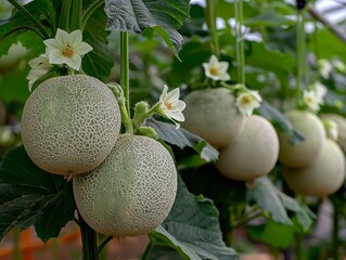 A bunch of green melons hanging from a tree. The melons are ripe and ready to be picked