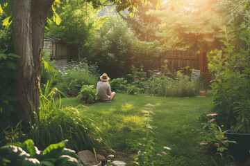 Person sitting quietly in a lush garden, enjoying a moment of solitude and reflection under soft sunlight.