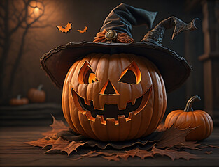 halloween pumpkin on a wooden table. Generate AI
