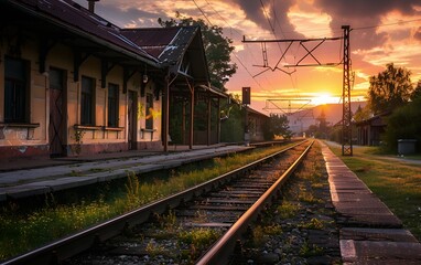 Naklejka premium Old train station, rustic look. Evening landscape. Banner, poster, background, dopy space.