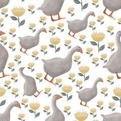 Fototapeta premium Seamless pattern with watercolor goose and yellow tulip on a white background