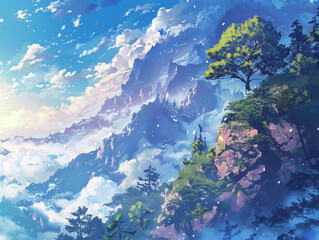 Digital anime style art painting of beautiful landscape scenery of mountains covering with greenery and blue sky