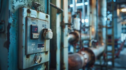 Close-up of an electric box with a tripped breaker, factory equipment and pipes in the background, focus on the switch