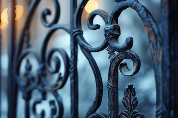 Close-up of an ornate iron gate detail, highlighting intricate metalwork with a vintage blue patina.