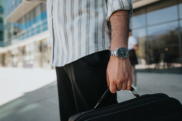 Close-up of a stylish businessman attire with a luxury watch and briefcase, ready for a corporate...
