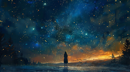 A woman stood looking at the night sky with beautiful twinkling stars. The night was calm and still, the stars twinkling like diamonds against the dark backdrop, creating a serene