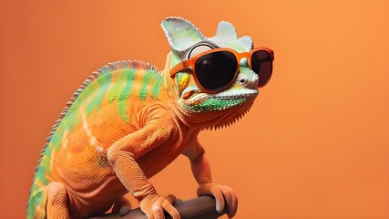 Closeup of chameleon wearing sunglasses isolated on orange background with copy space. Lizard wearing a sunglasses. Vector of a reptile with spikes looking cool. Reptile Awareness Day October 21