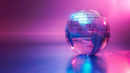 Metallic textured globe, Techno lines overlay, Reflective surface highlights, Gradient blue-to-purple background