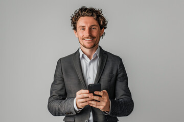 Geschäftsmann steht vor weißem Hintergrund und hält Smartphone in den Händen