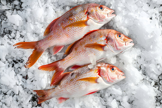 Three fresh red snappers lie on the ice. Top view, close-up.