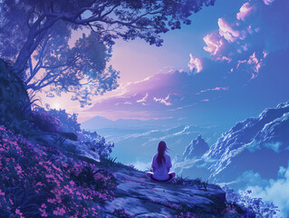 Digital anime style art painting of a girl sitting on the edge of a mountain in front of a beautiful scenery