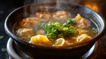 Aromatic bowl of steaming hot wonton soup served with tender dumplings, greens, and garnished with green onions.