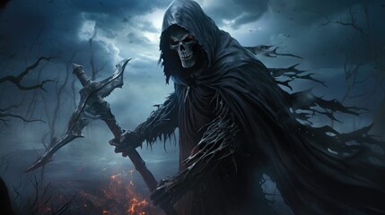 The Grim Reaper: a personification of mortality, this spectral being, dressed in black, represents the finality of death and the universal journey that every soul has to make.