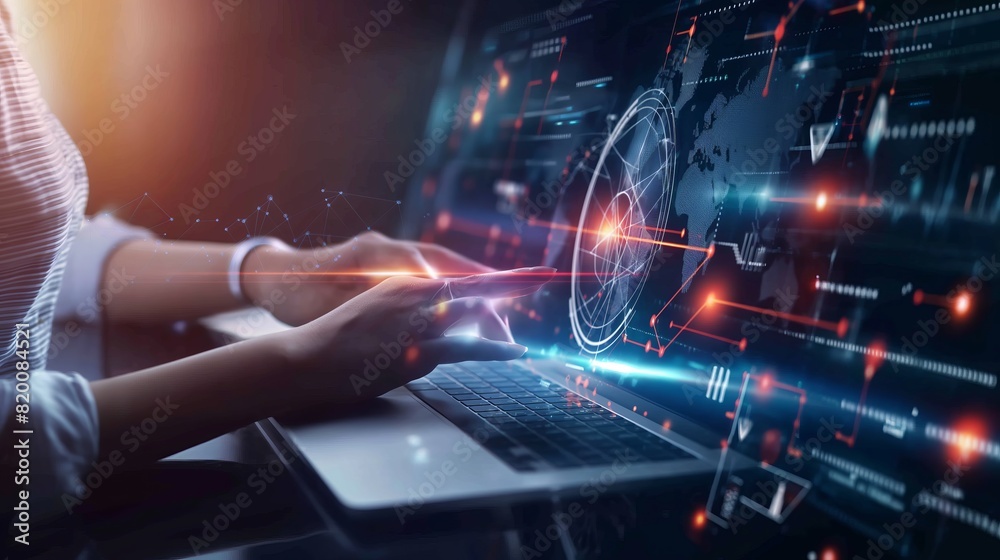 Aufkleber Futuristic technology interface with a person using laptop displaying digital data and global connections. Represents innovation, hightech, digital transformation, and cyber advancements