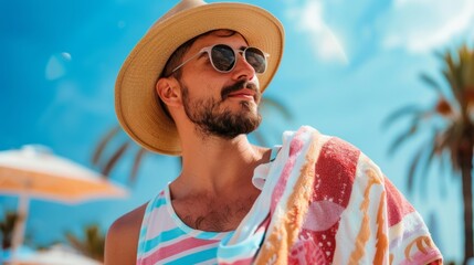 Man wearing a sun hat and patterned shorts, sitting on a beach towel - Powered by Adobe