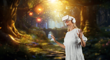 Happy girl enjoy looking at fantasy view hologram in VR glasses while connect at metaverse or...