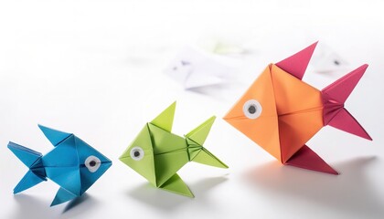 Animal aquatic water concept origami isolated on white background of fish in multiple colors while swimming, with copy space, simple starter craft for kids