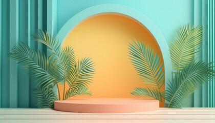 Abstract minimal concept. Pastel bright colour background with podium stage, abstract geometric arch and palm leaf trees setting. Mock up template for product presentation.. copy text space