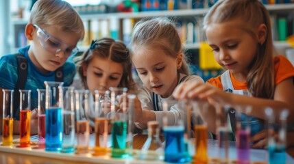 education, science and children concept - kids with test tubes studying chemistry at school