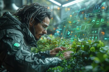 detailed image climate scientist analyzing carbon credit data on futuristic digital interfaces, Man with dreadlocks, wearing jacket, intently tends plants in futuristic greenhouse with displays.