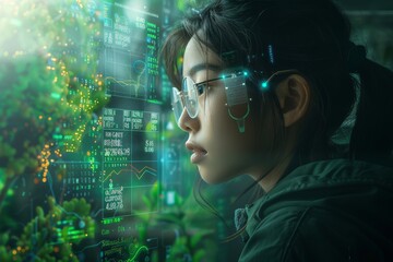 Detailed image climate scientist analyzing carbon credit data on futuristic digital interfaces, Asian girl wearing glasses, closely examining transparent screen with floating, Futuristic plants.