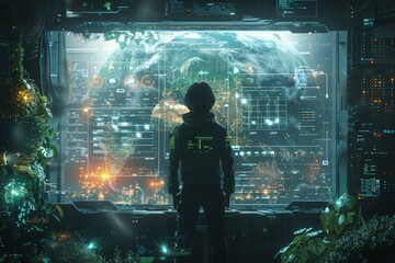 Detailed image climate scientist analyzing carbon credit data on futuristic digital interfaces, Person in dark jacket standing in front large screen displaying global data visualizations futuristic.
