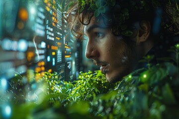 A detailed image of a climate scientist analyzing carbon credit data on futuristic digital interfaces, Young man with flora integrated into hair studies complex interfaces among vibrant greens.