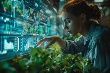 Detailed image of a climate scientist analyzing carbon credit data on futuristic digital interfaces, Young woman with flora integrated into hair studies complex interfaces among vibrant greens.