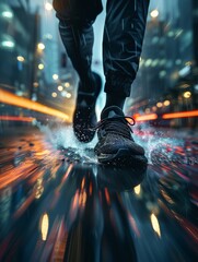 Surreal visualization human foot merging artistically with, Dynamic action shot of person running through rain-soaked city street at night. Wet pavement reflects colorful city lights.