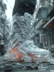 Surreal visualization human foot merging artistically with, Close-up futuristic, transparent sneakers with glowing orange elements, High-tech footwear design emphasizes modernity,