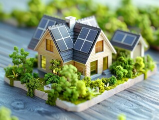 Compact, modern cityscape showing green roofs, Miniature model eco-friendly house with solar panels on roof surrounded by lush green trees, Modern sustainable architecture with emphasis on renewable.