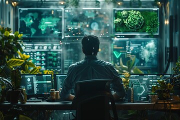 A detailed image of a climate scientist analyzing carbon credit data on futuristic digital interfaces, Man in dark shirt focused on multiple screens showing global data, plants around, in high-tech.