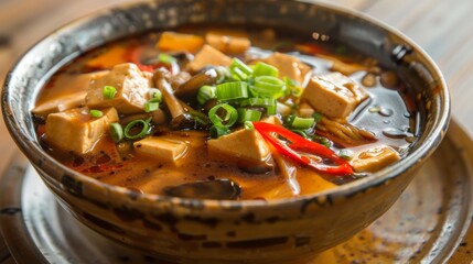 Authentic Chinese hot and sour soup served in a ceramic bowl, filled with tofu, mushrooms, bamboo shoots, and a spicy broth.