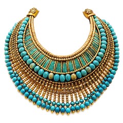Isolated Gold and Turquoise Egyptian Broad Collar on White Background