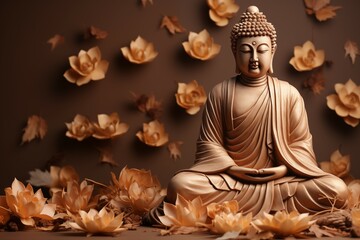 Buddha statue and leaves plant sit on soft brown background for beliefs and religion design