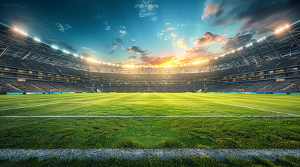 a large sports arena at dusk, bright lights illuminating the seats and playing field, ready for action.