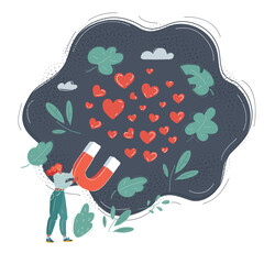 Cartoon vector illustration of Social media marketing concept. Young woman attracting likes with a huge magnet on dark background.