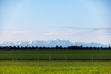View over the fields in Inningen near Augsburg to the Alps