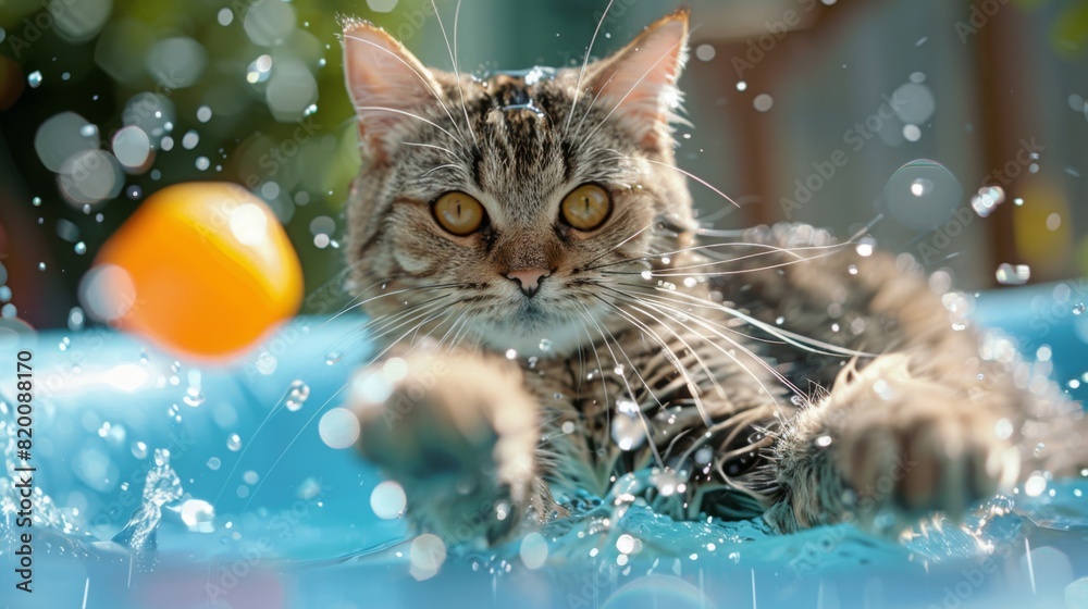 Leinwandbilder chubby cat playing with a floating toy in a kiddie pool, splashing water with its paws.