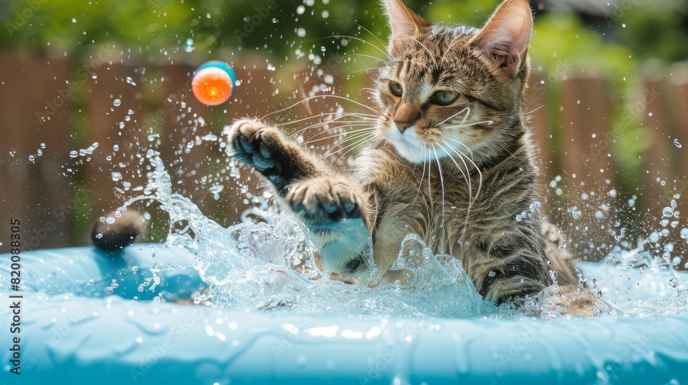 Aufkleber Chubby cat playing with a floating toy in a kiddie pool, splashing water with its paws.