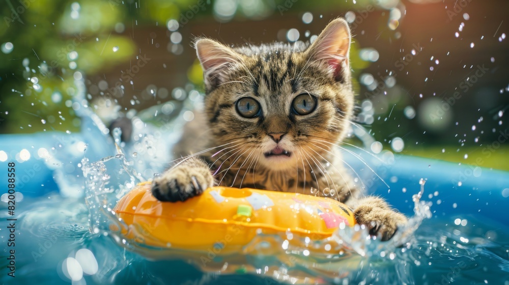 Leinwandbilder chubby cat playing with a floating toy in a kiddie pool, splashing water with its paws.