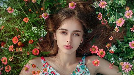 close up of a pretty young woman with colorful flowers, young woman on flower background, pretty young girl