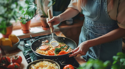 Asian woman hand cooking healthy food pasta and salmon steak on cooking pan in the kitchen at home....