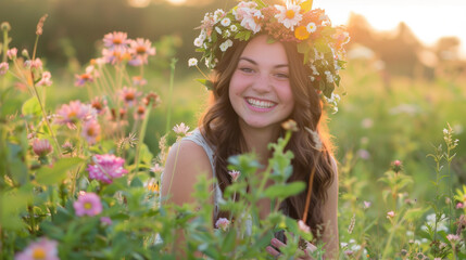 Naklejka premium A woman fully focused, passionately collecting flowers to arrange them into a wreath. Her joy fills the entire atmosphere.