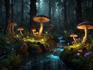 Magical Glade: An Enchanted Forest Scene with Glowing Mushrooms and Sparkling Fireflies