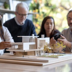 A group of people are gathered around a model of a house, with one person holding a camera. Scene is collaborative and creative, as the group works together to discuss