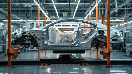 At a modern automotive manufacturing plant, a car frame moves along the assembly line demonstrating cuttingedge technology in the industry, reflecting advancements in engineering and automation