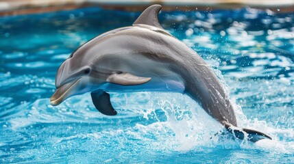 Close-up of a dolphin leaping gracefully out of the water, its streamlined body glistening in the sunlight.
