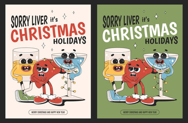 Merry Christmas and Happy New year vertical posters in retro groovy style. Sad liver, whiskey glass and cocktail cartoon characters.