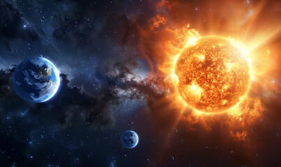 Obraz premium In the vastness of space, the sun, moon and Earth form a breathtaking cosmic trio. This spectacle reminds us of the beauty and harmony of the universe